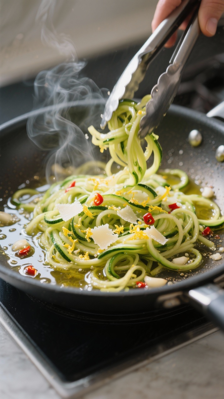 Cooking process close-up: Zucchini noodles sizzling in a large nonstick skillet, glistening in extra