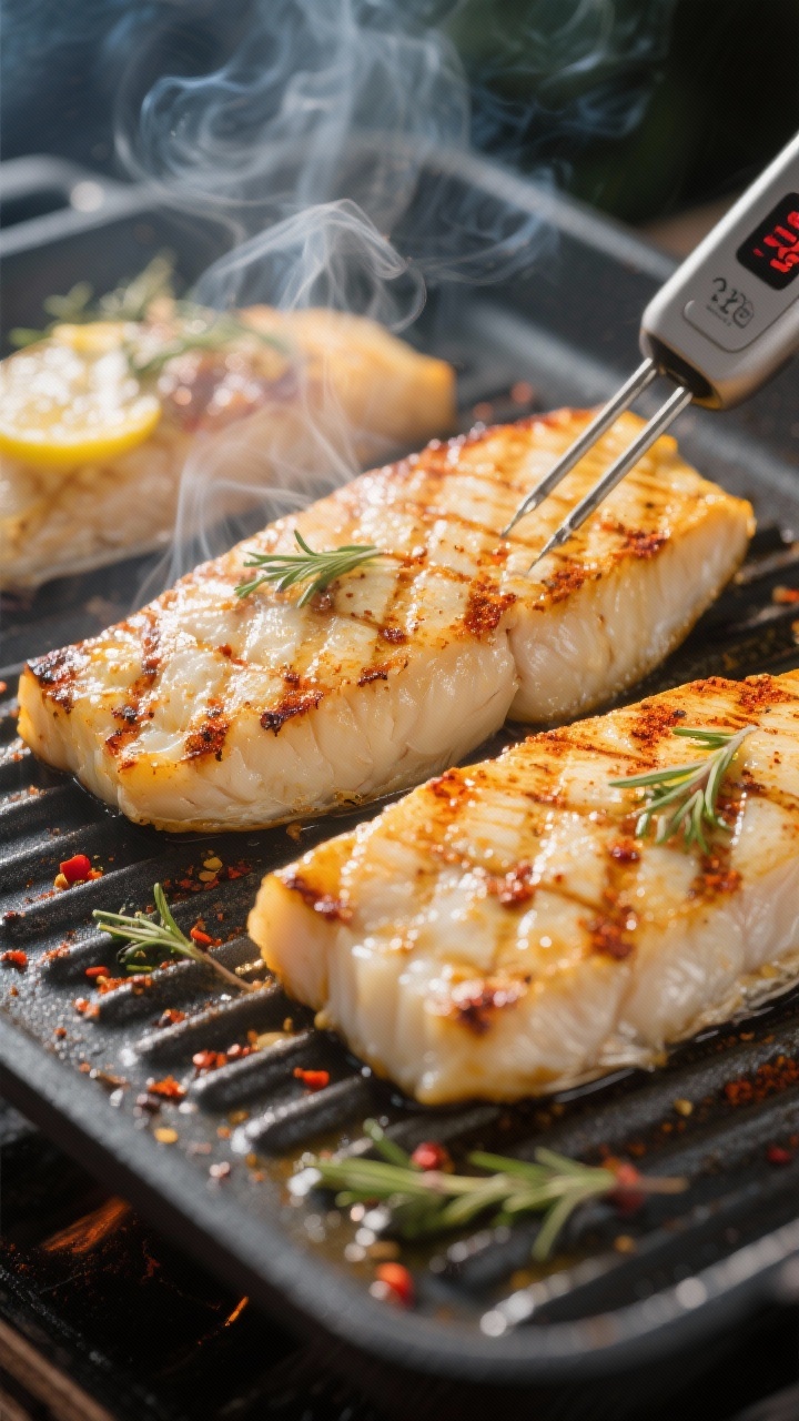 Cooking process, grill close-up: Close-up of halibut fillets sizzling on a clean, oiled grill at med