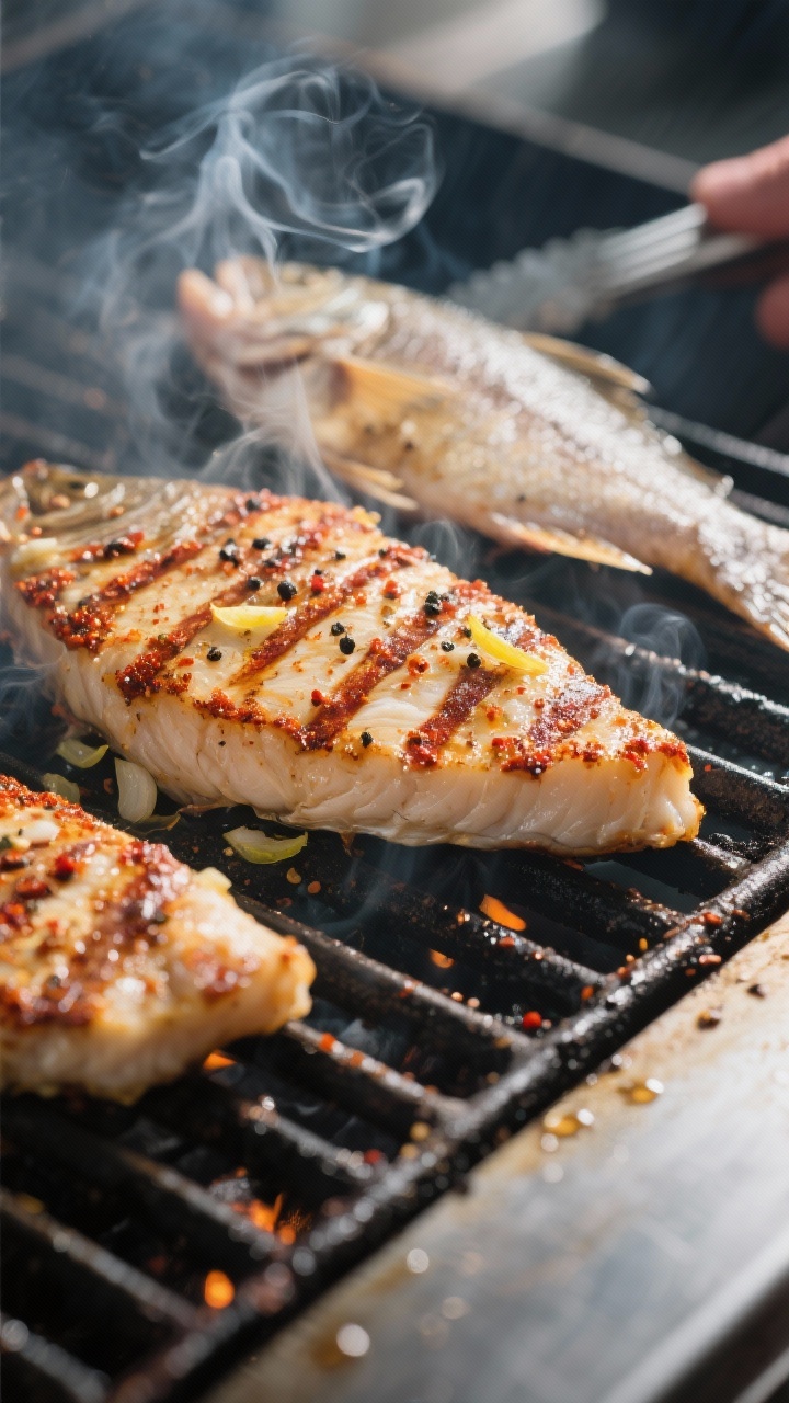 Cooking process, grill close-up: Close-up of seasoned catfish fillets searing diagonally across clea