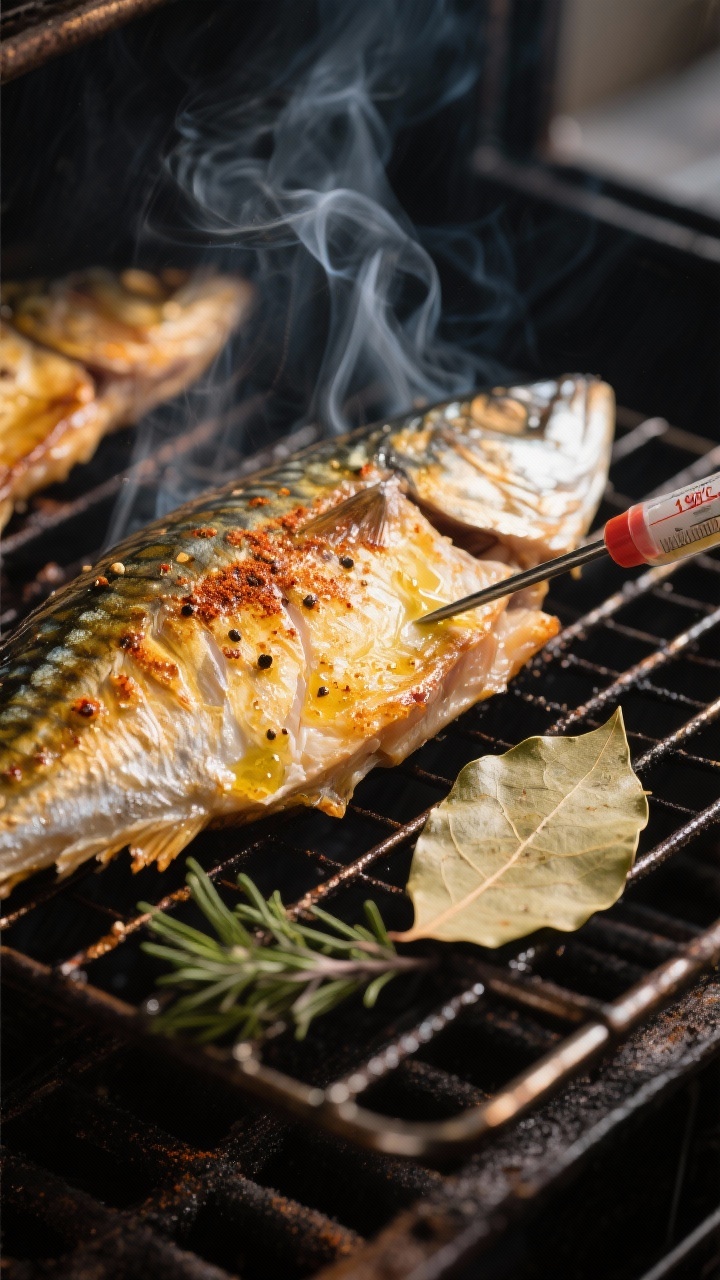 Cooking process, mid-smoke: Close-up of hot-smoked mackerel fillets on a wire rack inside a smoker a