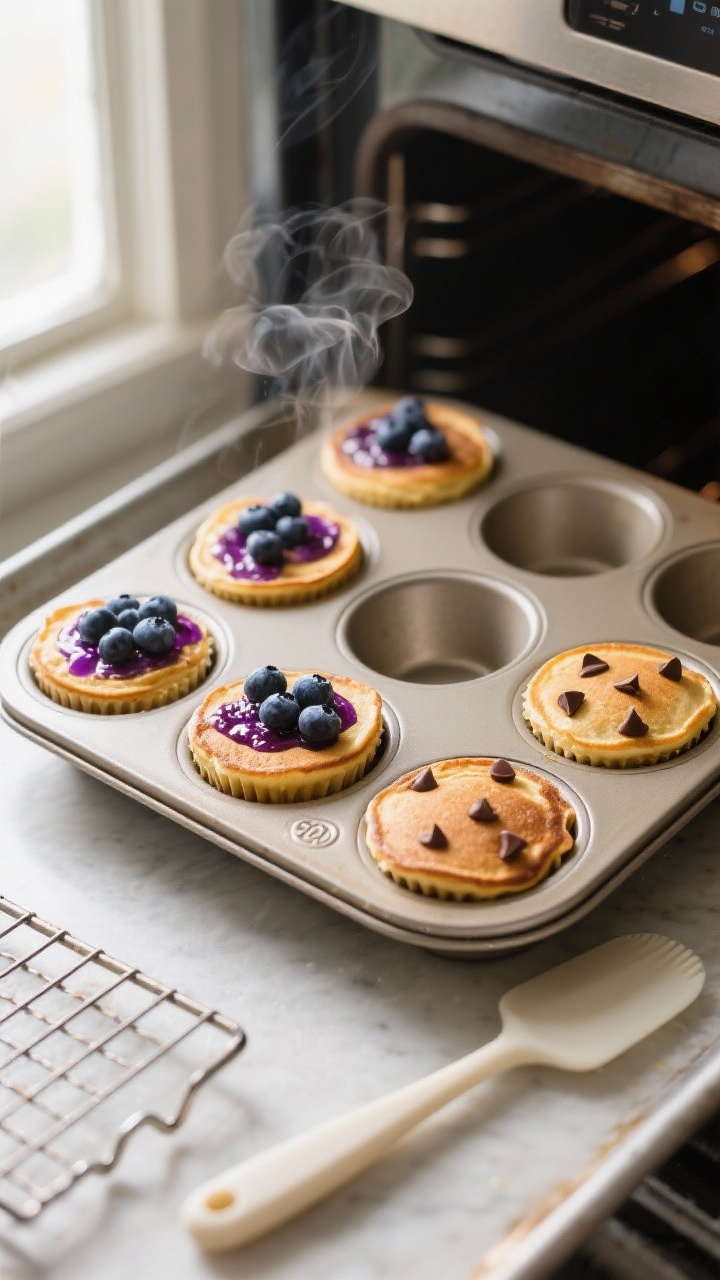 Cooking process, overhead shot: Mini muffin tin just pulled from a 350°F oven, filled with golden, 