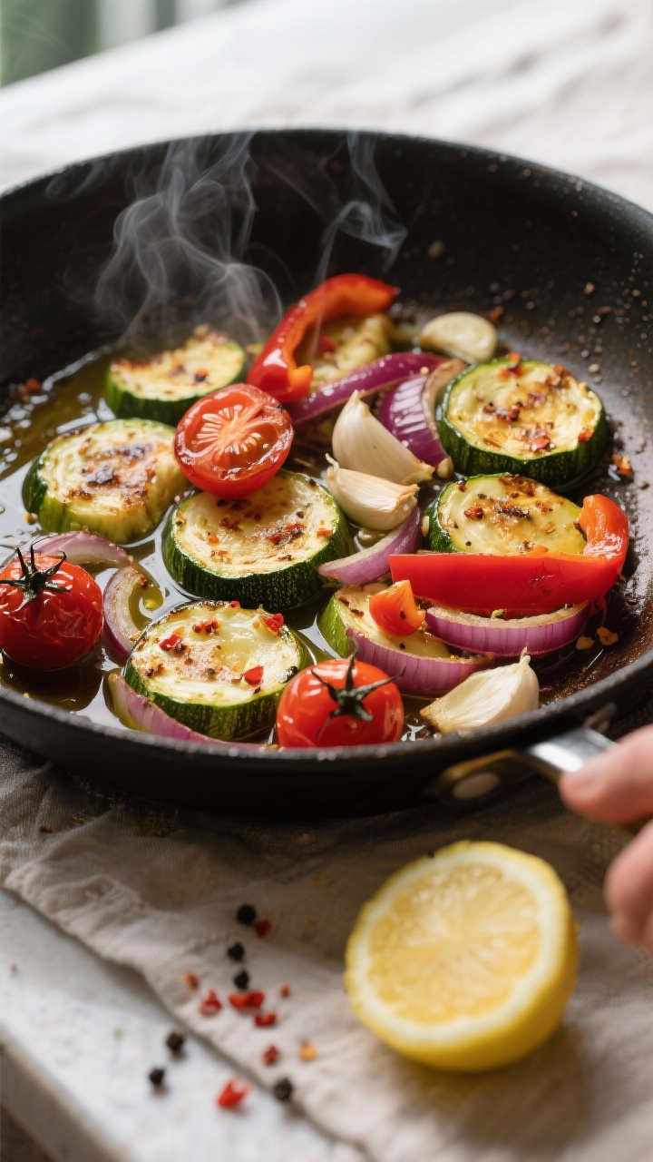 Cooking process, sauté skillet moment: Medium-high heat skillet of sautéed zucchini half-moons wit