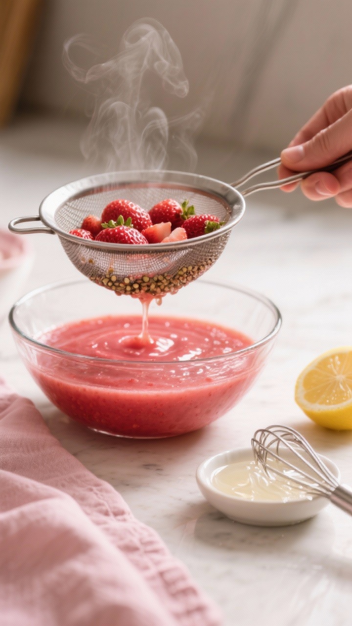 Cooking process shot: A warm, silky strawberry puree being pressed through a fine-mesh sieve into a 