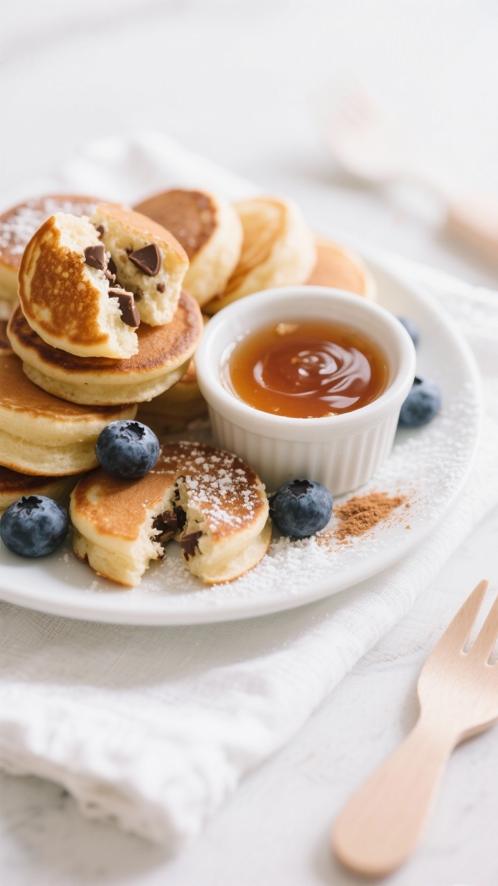 Final dish, close-up detail: A small white plate piled with warm pancake bites, some split open to r