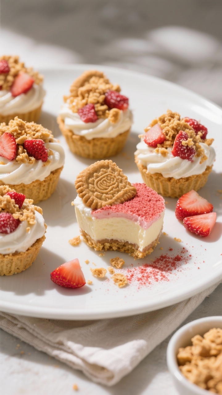 Final dish overhead: An top-down shot of a set of Strawberry Crunch Cheesecake Cups arranged on a wh