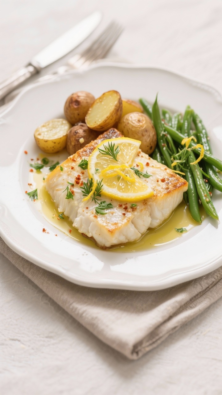 Final dish, overhead: Beautifully plated baked cod fillets on a white ceramic plate, flaky and just 