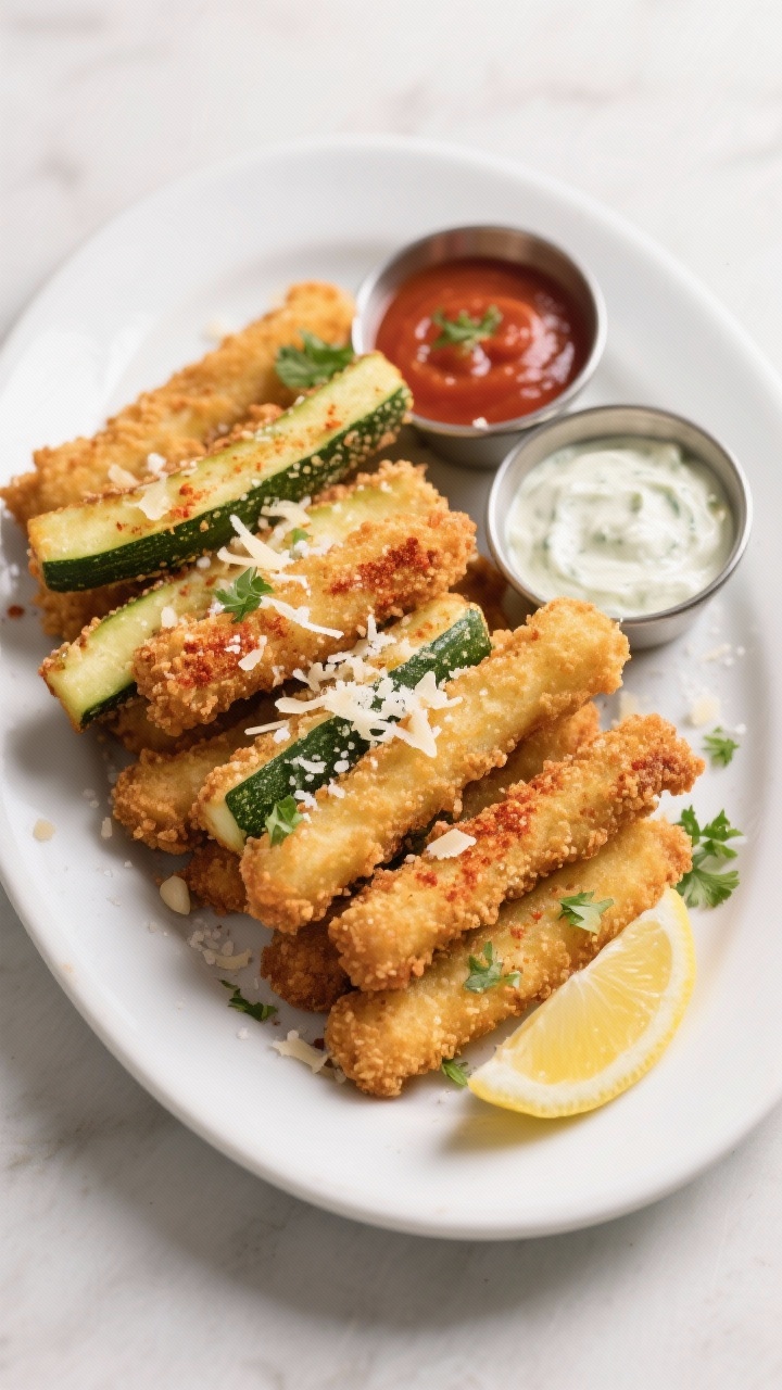 Final dish overhead: Crispy deep-fried zucchini sticks arranged in a neat pile on a matte white oval