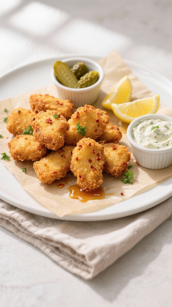 Final dish, overhead plated presentation: Top-down shot of crispy air fryer catfish nuggets arranged