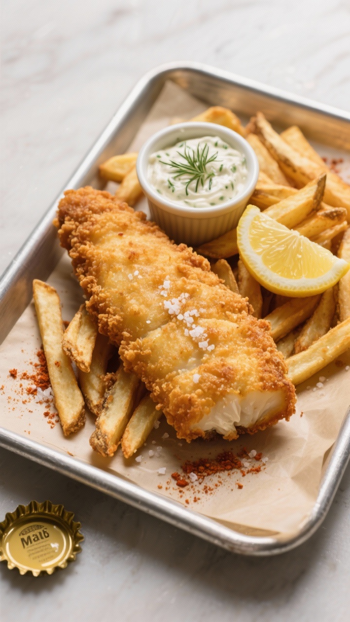 Final dish/overhead: Pub-style platter of crispy beer-battered cod with hand-cut fries, served on a 