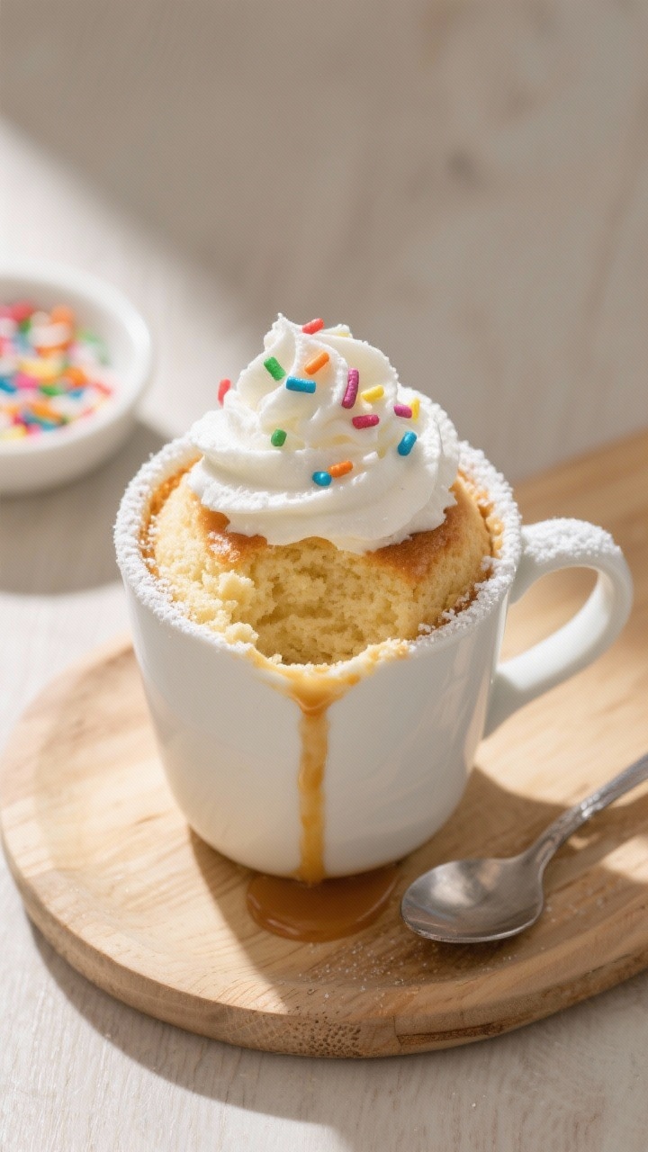 Final dish overhead: Top-down shot of a perfectly risen vanilla mug cake served warm in a wide white