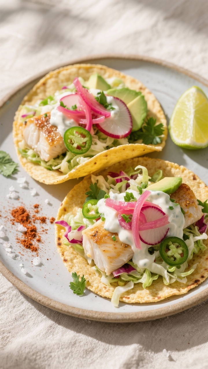 Final dish overhead: Two corn tortillas filled with flaky halibut, bright cabbage-cilantro-jalapeño
