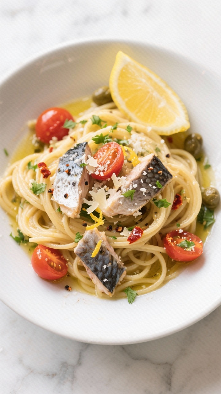 Final dish, tasty top view: Overhead shot of 15-minute lemon-garlic mackerel pasta twirled in a wide