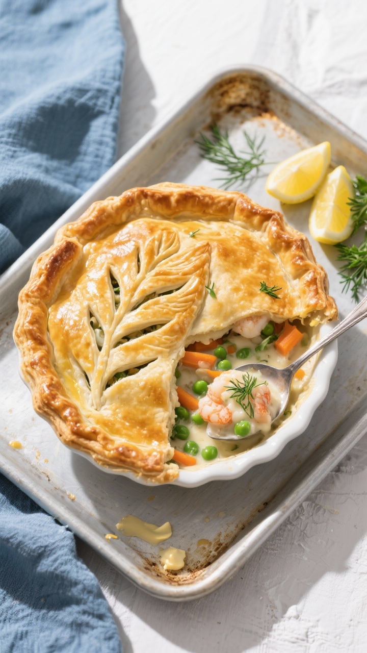 Final dish, tasty top view: Overhead shot of a baked seafood pot pie in a 9-inch pie dish with a dee