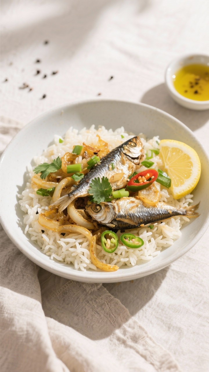 Final dish, tasty top view: Overhead shot of a generous bowl of sardines and rice—separate, fluffy