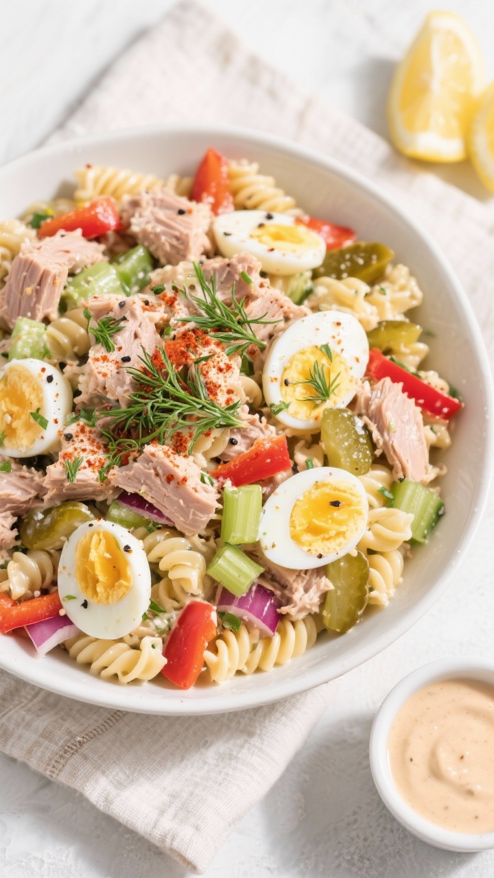 Final dish, tasty top view: Overhead shot of a large serving bowl of creamy macaroni salad with tuna