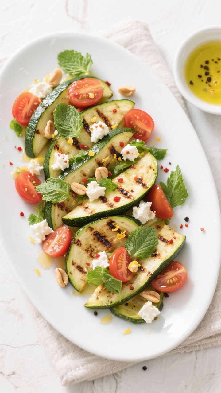 Final dish, tasty top view: Overhead shot of a platter of Grilled Zucchini Salad arranged in loose l