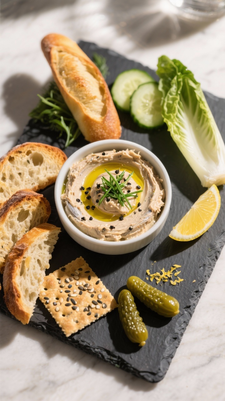 Final dish, tasty top view: Overhead shot of a small bowl of creamy mackerel pâté on a slate servi