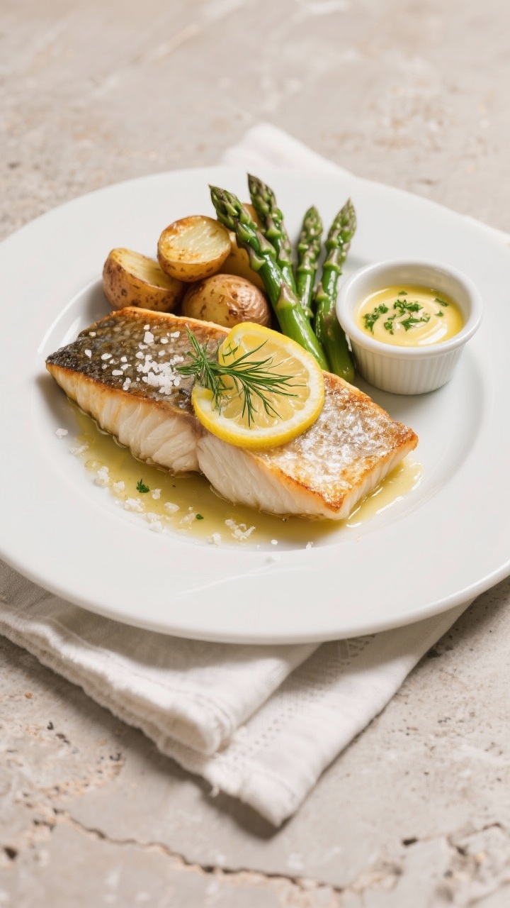 Final dish, tasty top view: Overhead shot of beautifully plated smoked halibut on a matte white plat
