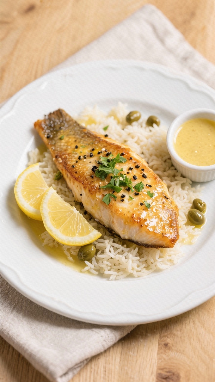 Final dish, tasty top view: Overhead shot of beautifully plated lemon pepper catfish on a white rimm