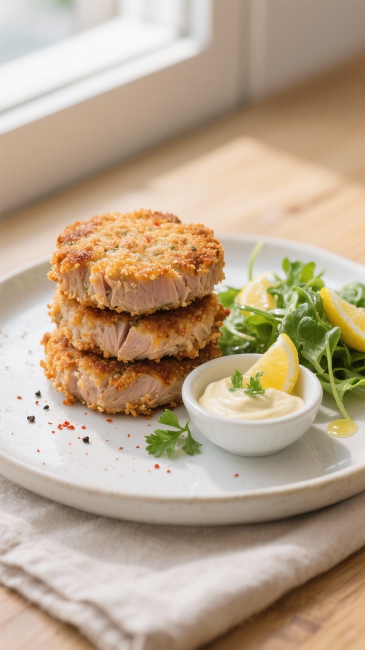 Final dish, tasty top view: Overhead shot of crispy fried tuna patties stacked and fanned on a matte