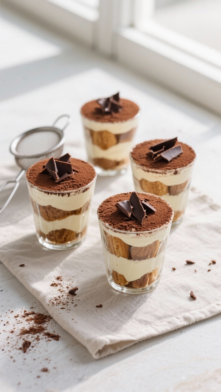 Final dish, tasty top view: Overhead shot of finished no-alcohol tiramisu cups, chilled and set, gen