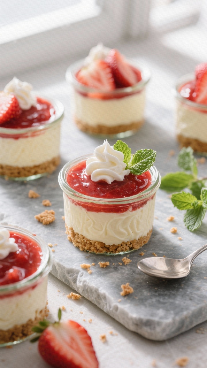 Final dish, tasty top view: Overhead shot of no-bake strawberry cheesecake jars arranged on a cool-t