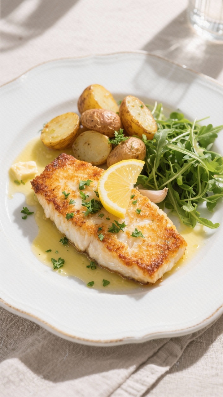 Final dish, tasty top view: Overhead shot of plated pan-fried cod with a perfectly golden crust, fin
