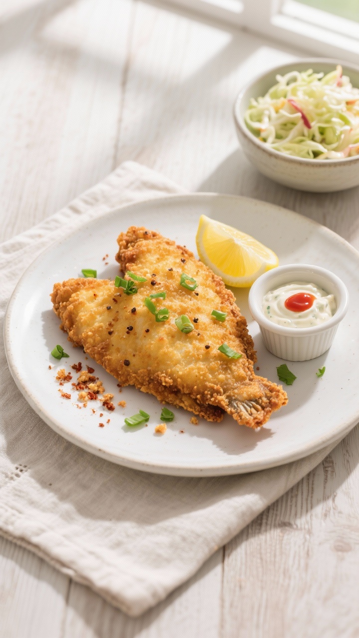 Final dish, tasty top view: Overhead shot of plated air-fried catfish fillets on a white ceramic pla