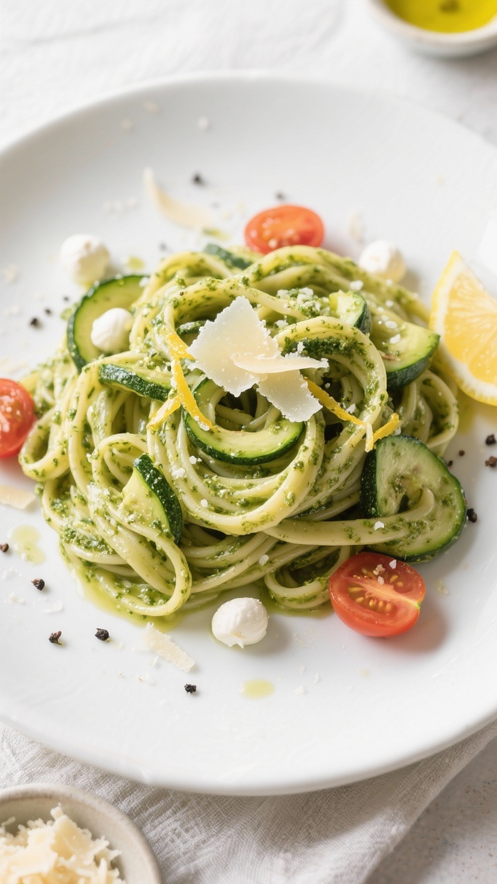 Final dish, tasty top view: Overhead shot of zucchini pesto pasta (linguine) twirled into loose nest