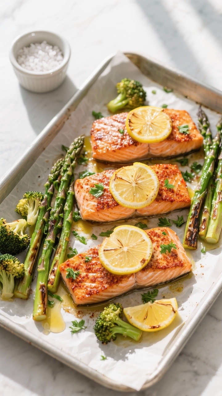 Final dish, tasty top view: Sheet Pan Lemon Herb Salmon and Veggies — overhead shot of roasted sal