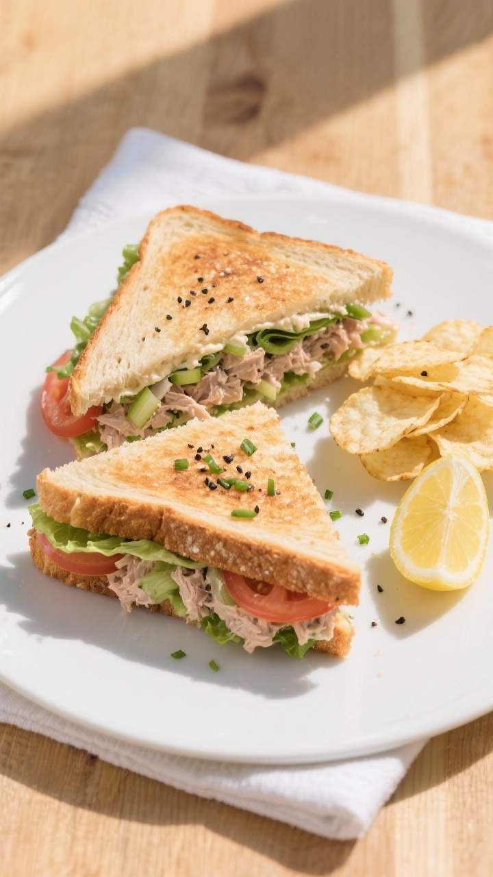 Final dish/top-down: Overhead shot of a toasted sourdough tuna mayo sandwich cut into neat triangles