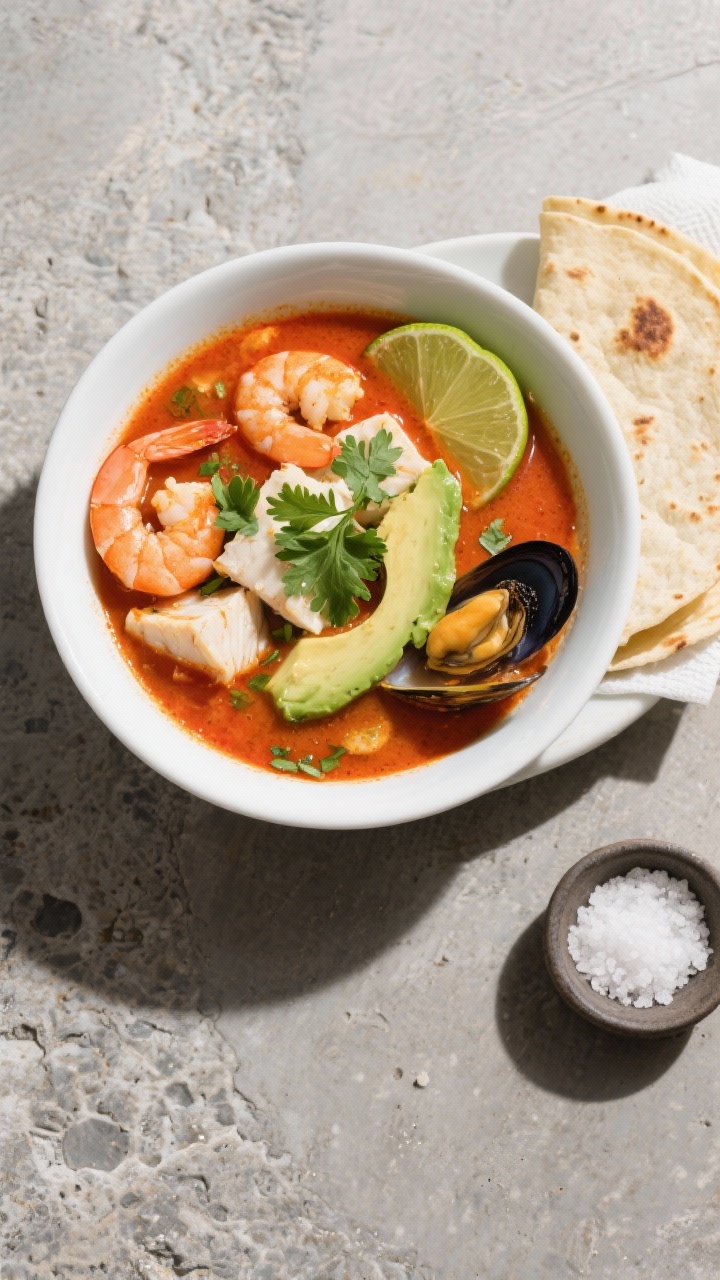 Final dish, top view: Overhead shot of a beautifully plated bowl of Mexican seafood soup, restaurant