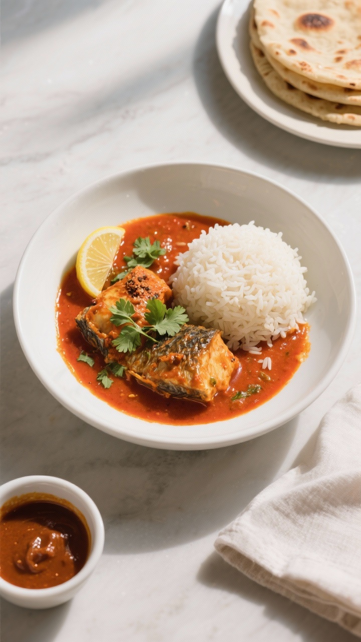 Final dish, top view: Overhead shot of a beautifully plated Indian fish curry in a low, wide white b