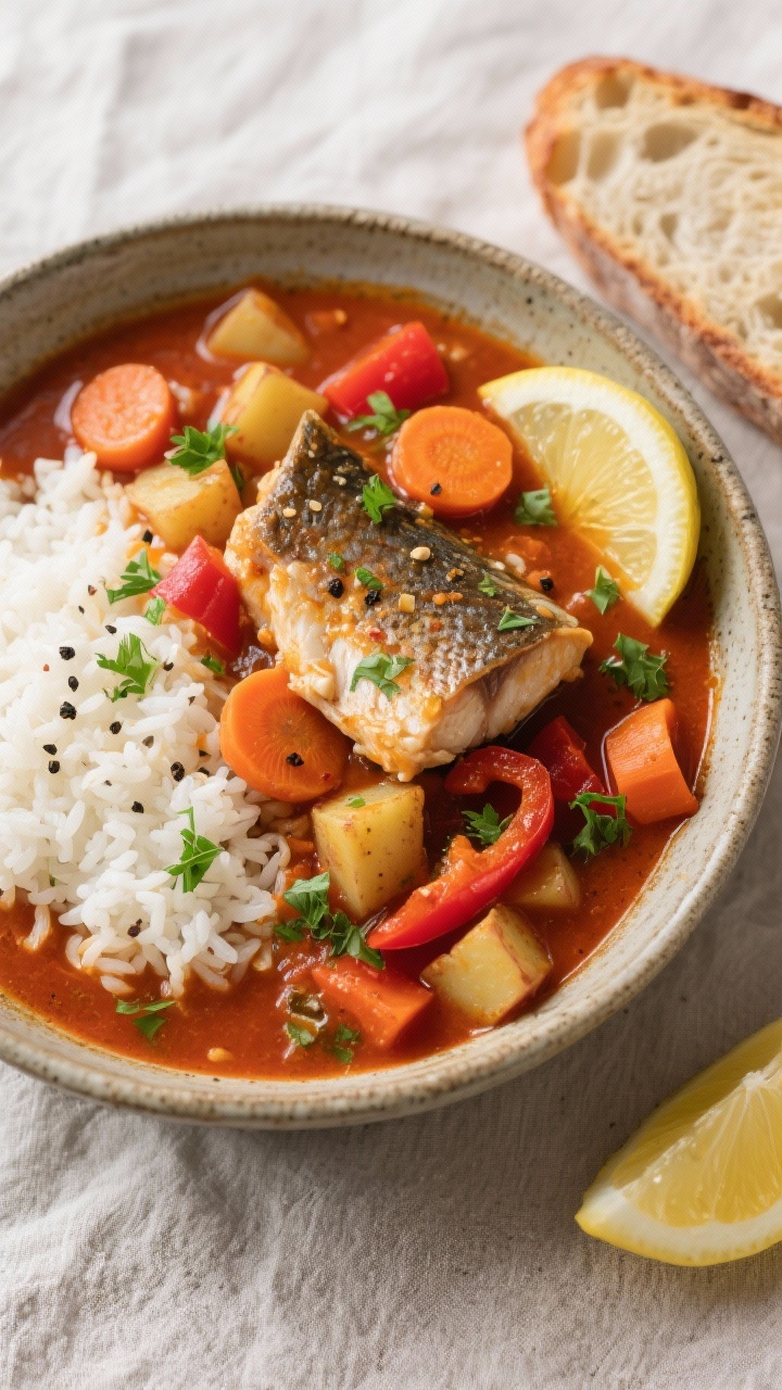 Final dish, top view: Overhead shot of a generously ladled bowl of hearty catfish stew served over a
