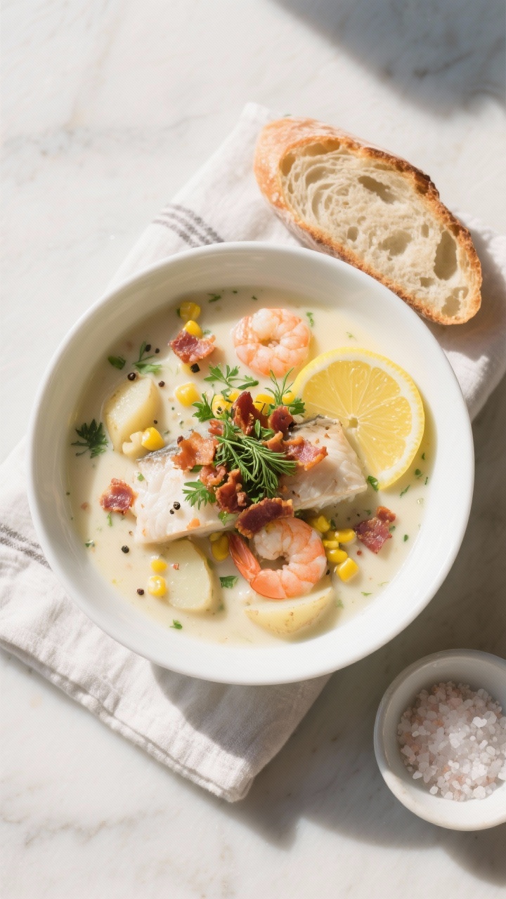 Final dish, top view: Overhead shot of a restaurant-quality bowl of creamy seafood chowder, richly g
