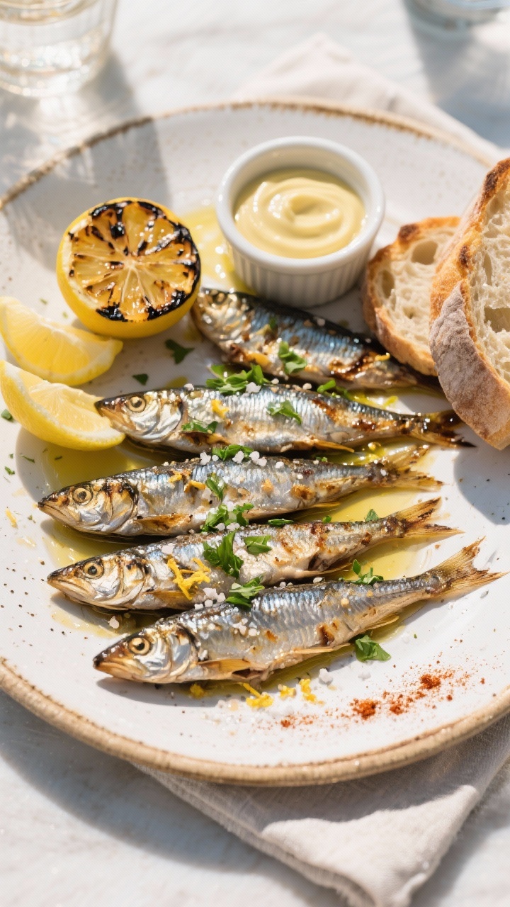 Final dish, top view: Overhead shot of a rustic platter of freshly grilled sardines grillées arrang