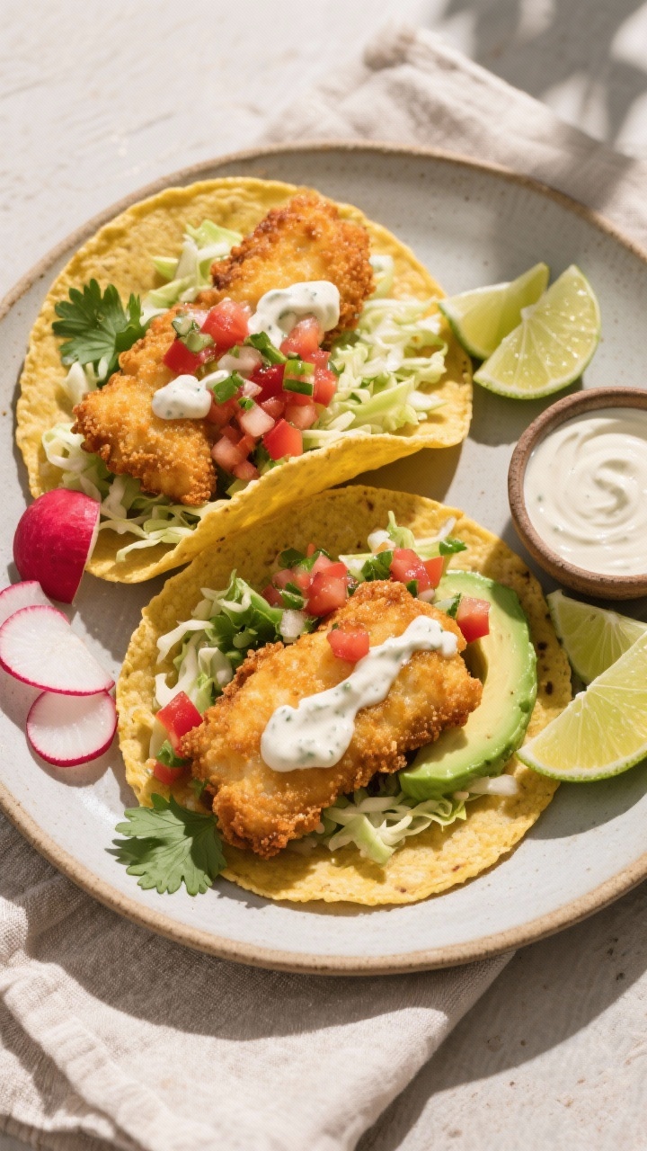 Final dish, top view: Overhead shot of assembled catfish tacos on warm corn tortillas, each layered 