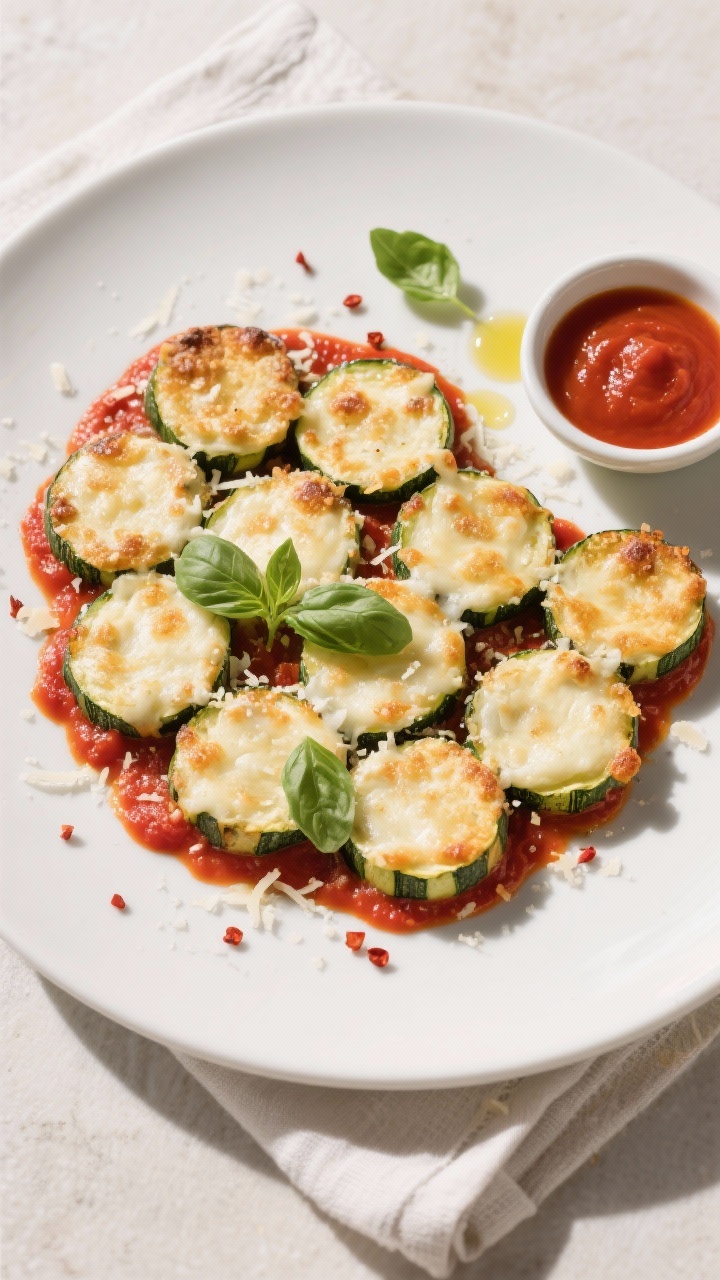 Final dish, top view: Overhead shot of Baked Zucchini Parmesan arranged in a tight mosaic on a matte