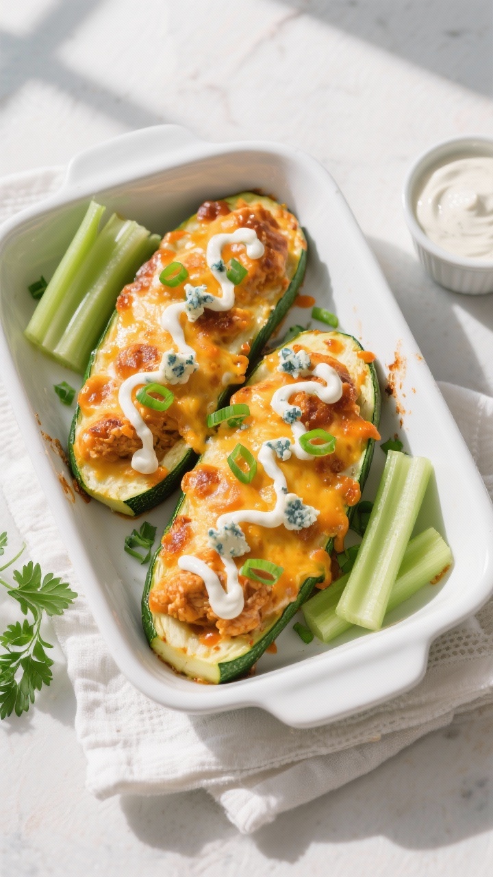 Final dish top view: Overhead shot of Buffalo Chicken Zucchini Boats fresh from the oven, cheese mel