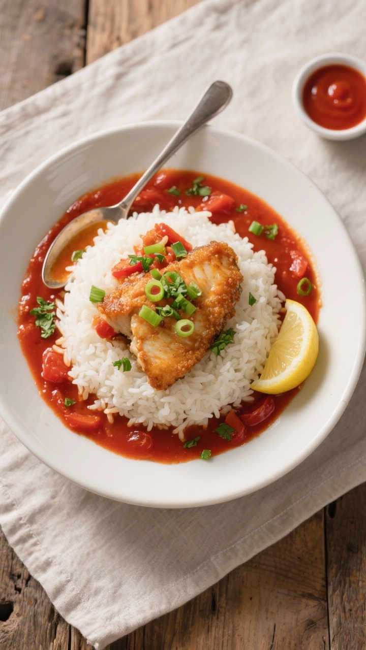 Final dish, top view: Overhead shot of Classic Catfish Courtbouillon spooned over a neat mound of ho