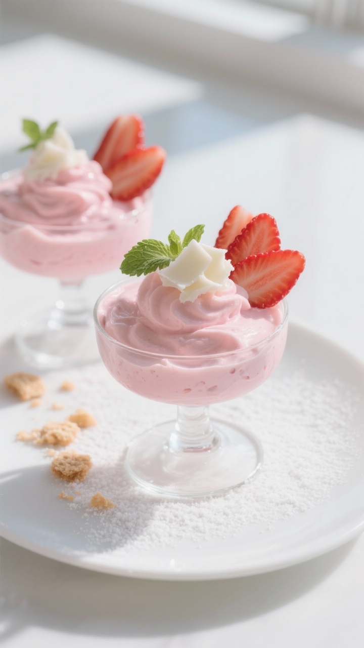 Final dish top view: Overhead shot of pink strawberry mousse portioned into small coupe glasses, set