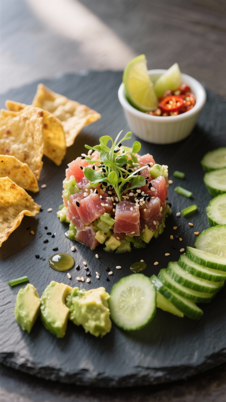 Final plated appetizer, tasty top view: overhead image of a tidy mound of tuna tartare centered on a