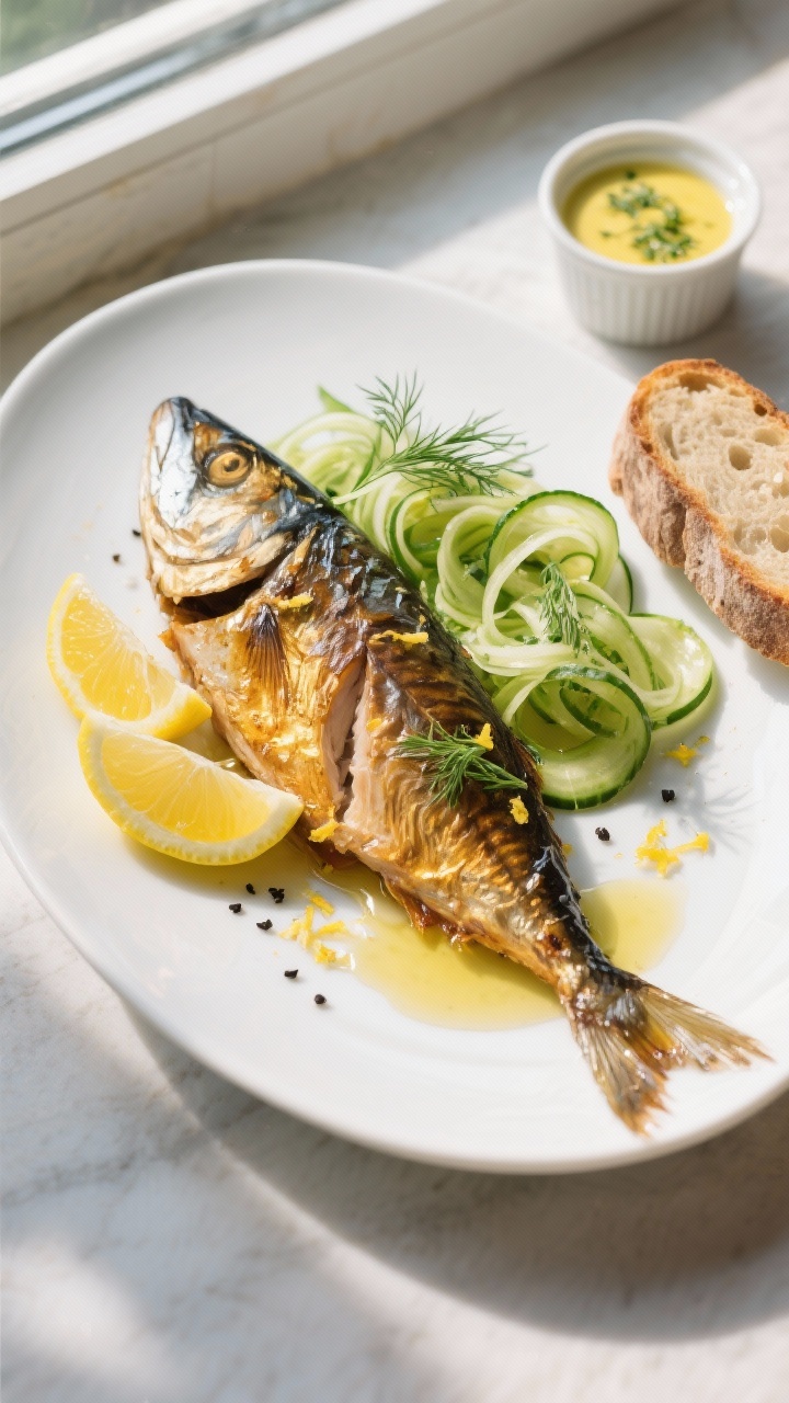 Final plated dish, overhead: Top-down shot of beautifully plated smoked mackerel with glistening bro