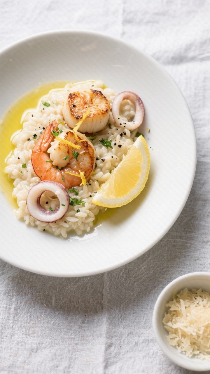 Final plated dish: Restaurant-quality seafood risotto plated in a shallow white bowl, highlighting a