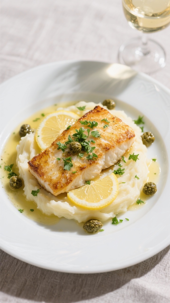 Final plated dish, tasty top view: Overhead shot of restaurant-style halibut piccata plated over sil
