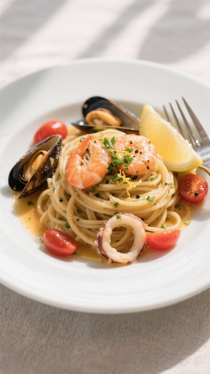 Final plated, : Italian seafood pasta elegantly twirled into a nest on a wide white rimmed plate, to