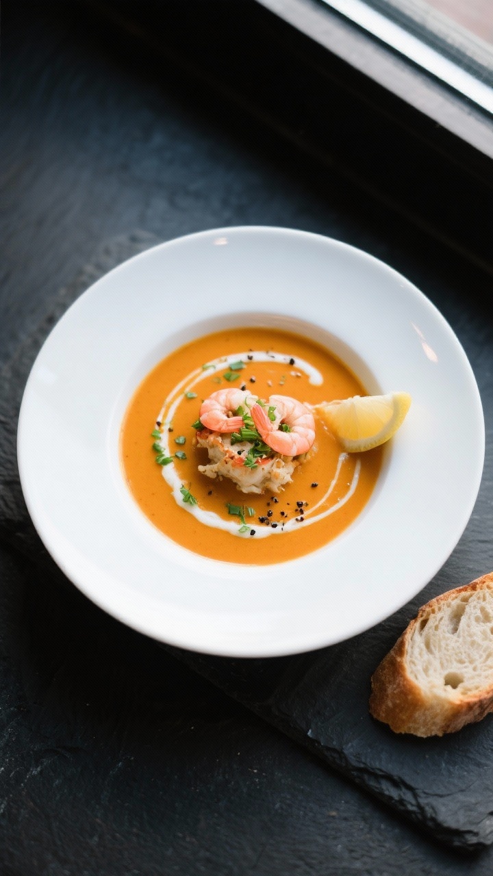 Final plated overhead: Beautifully plated classic seafood bisque in a white, wide-rim bowl, rich cor