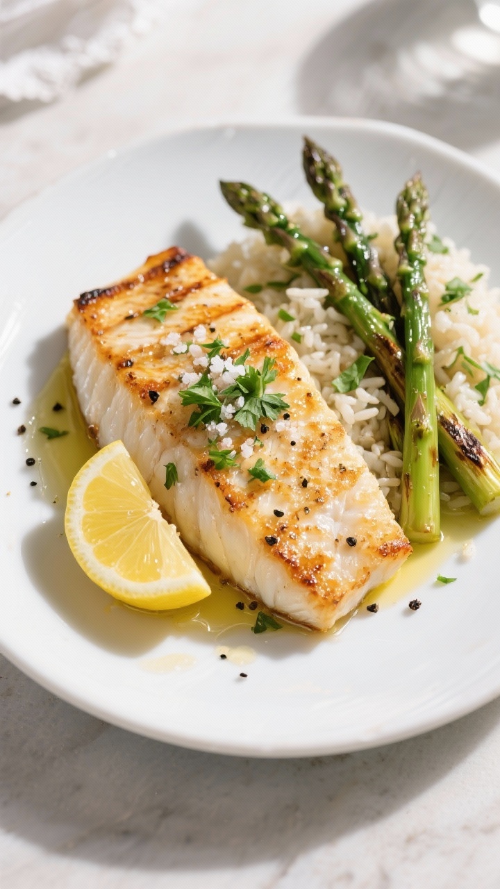 Final plated overhead: Beautifully plated grilled cod fillets, flaky and moist with subtle carameliz