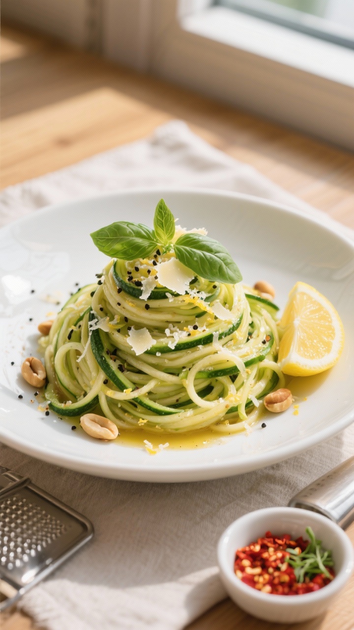 Final plated overhead: Beautifully plated zucchini noodles “al limone” on a wide white shallow b