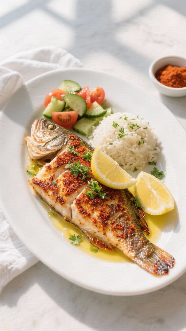 Final plated, overhead presentation: Overhead shot of grilled catfish fillets on a matte white oval